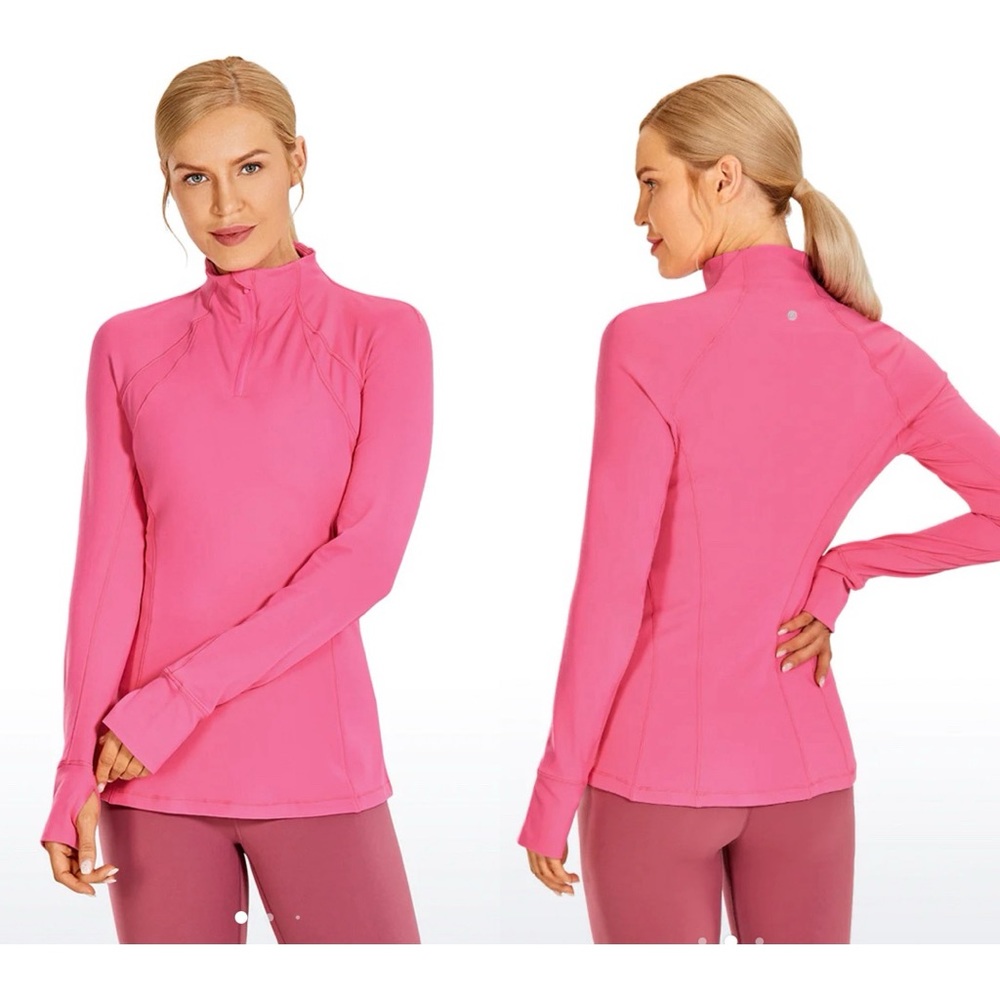 CRZ YOGA Brushed Quarter-Zip Long Sleeve with Thumb Holes, Size S, Pink color.